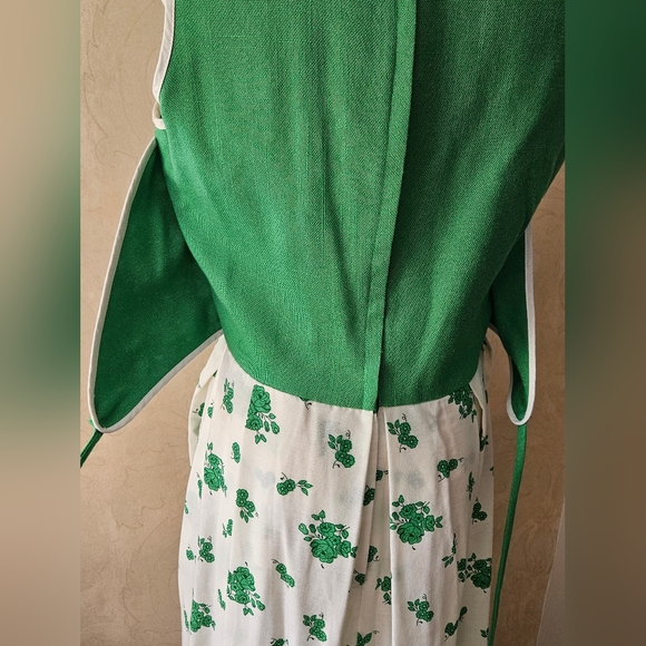 Vintage Leslie Faye Bohemian Twill Greem Bodice Floral Maxi Dress Tie Back - Picture 5 of 6